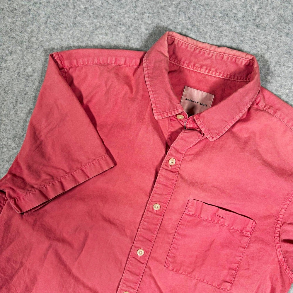 American Eagle Men's M Pink Solid Woven Cotton Short Sleeve Button-Up Pockets